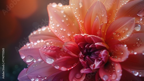 A close-up of a dahlia with dewdrops on its petals.