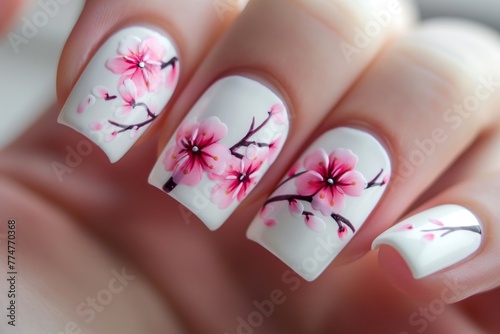 Close-up of elegant manicure featuring delicate sakura blossoms on a white background photo