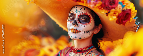 Close-up of woman in Day of the Dead makeup with marigold flowers and detailed face paint