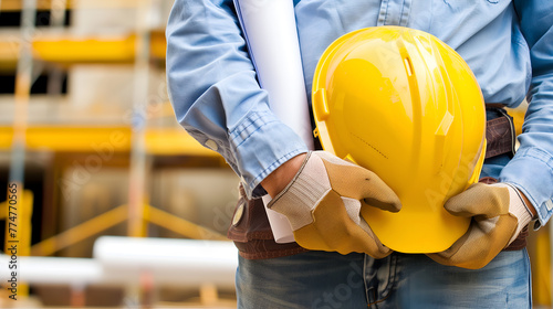 Close up of engineer hand holding yellow safety helmet on construction site background