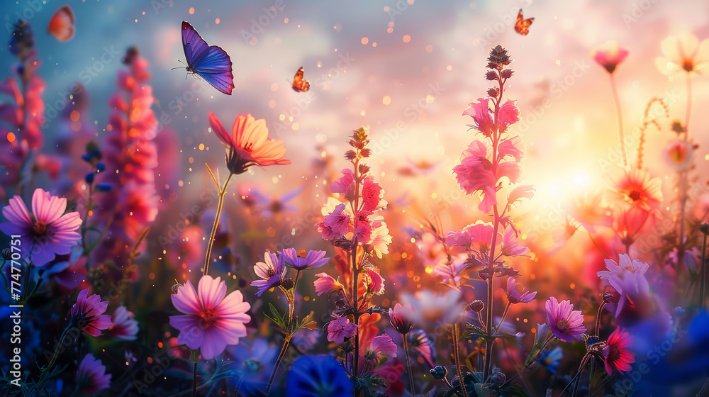 fiori di malva multicolore sul campo, farfalle volanti sullo sfondo dell'alba, stile pittura, arte digitale, quadro digitale di fiori primaverili