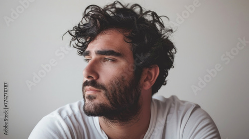 Thoughtful man with curly hair and a beard is wearing a white shirt photo