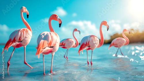 The pink Caribbean flamingo ( Phoenicopterus ruber ruber ) goes on water. Pink flamingo goes on a swamp. © Atlantist studio