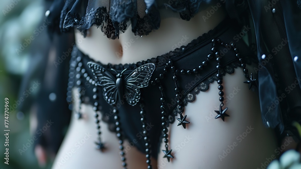 close up lingerie and underwear fashion portrait, pretty girl wearing sexy black lace panties decorated with butterfly pearls and glitter, fantasy fairytales atmosphere, Generative Ai - obrazy, fototapety, plakaty 