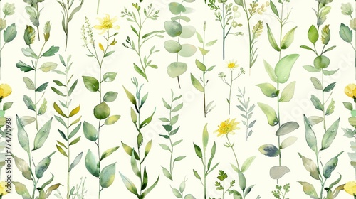 Soft watercolor herbs, minimalist pattern, tile