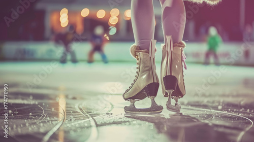 Close-up of a figure skaters feet in white skates, standing on the scratched surface of an outdoor ice rink with blurred skaters in the background photo