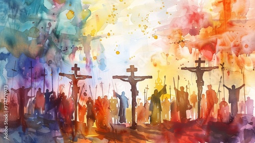 Abstract watercolor of crucifixion scene - A vivid and expressive watercolor interpreting the emotional crucifixion scene with multiple crosses