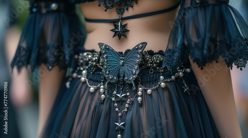 close up sexy girl wearing black fairy tutu short skirt dress in dreamlike atmosphere, fantasy dreamlike fairytale atmosphere, Generative Ai