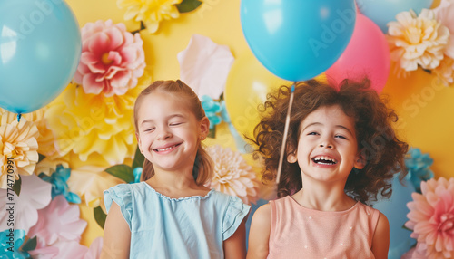 HAPPY KIDS FACE SMILING WITH BALLOONS AND FLOWERS