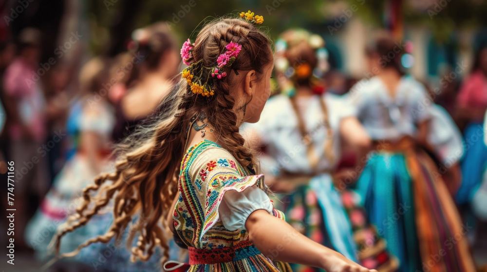 A woman in a vibrant, colorful dress energetically dancing amidst a lively parade celebration