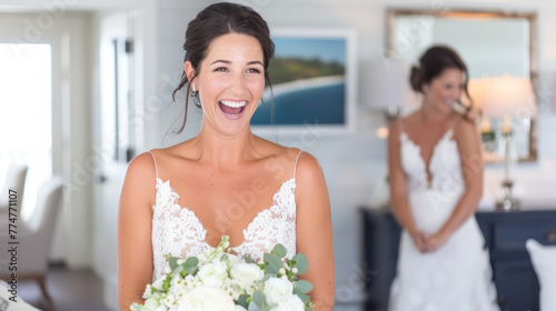 A bride in a stunning white gown laughs brightly, bouquet in hand, reflecting a moment of pure happiness