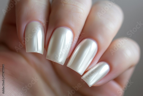 Close-up shot of a hand showcasing shiny  manicured nails with a flawless glossy top coat