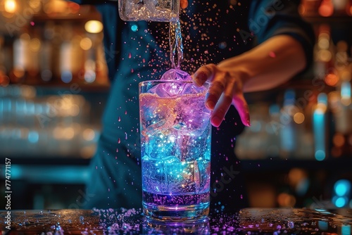 A bartender preparing a multicolored cocktail.