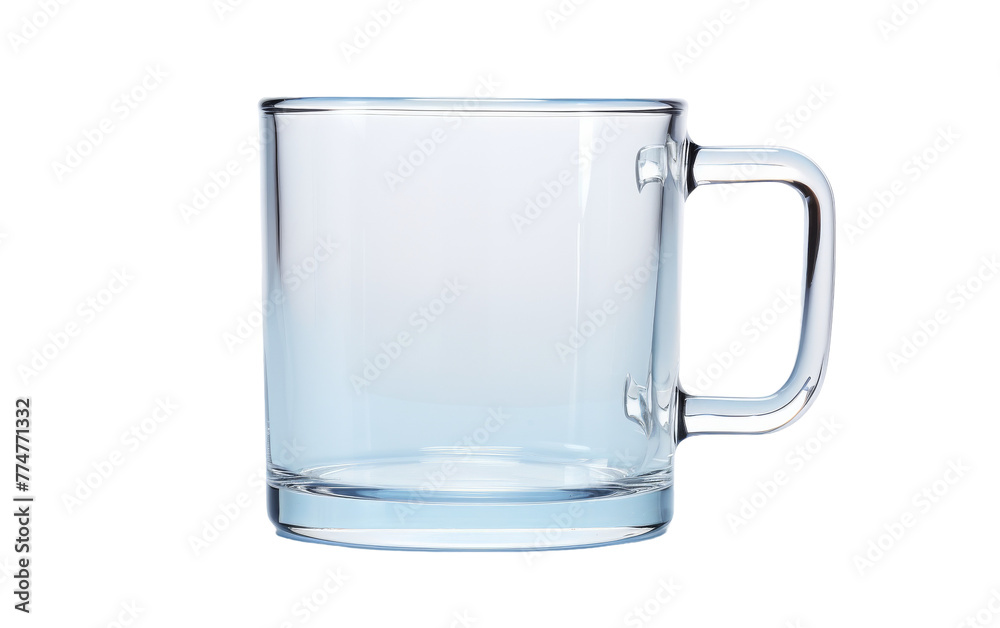 A pristine glass mug with a handle, gleaming on a pure white background A pristine glass mug with a handle, gleaming on a pure white background