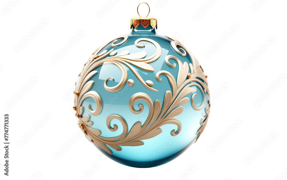 A stunning blue and gold Christmas ornament shines against a pure white backdrop A stunning blue and gold Christmas ornament shines against a pure white backdrop