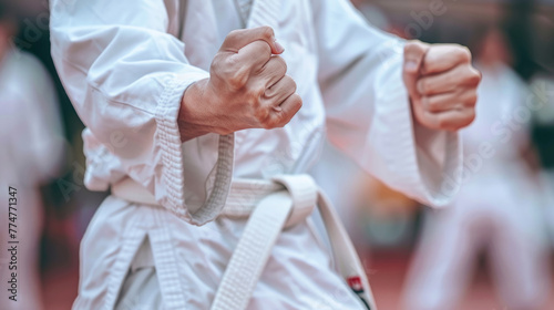 A person wearing a white kimono holding a white belt in their hands