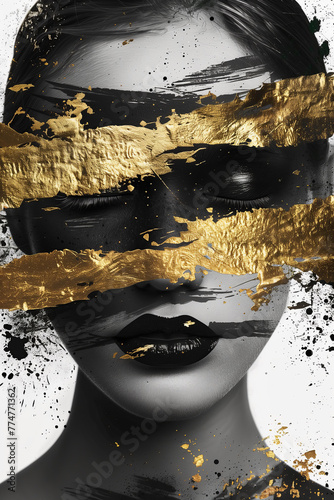 collage of an abstract black and white woman fashion portrait golden paint splash accents , art work ,print, interior design