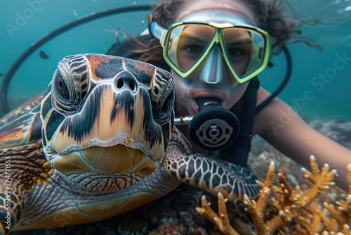 A female scuba diver poses with a sea turtle, looking at the camera underwater near corals. Underwater photography, selective focus.