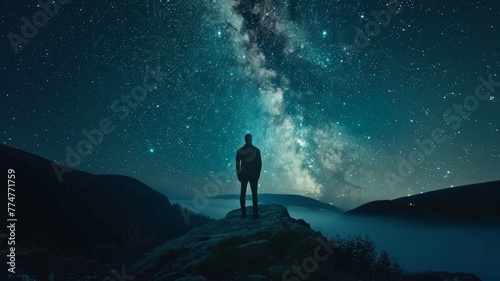 Silhouette of a lone man against milky way - An atmospheric image capturing a solitary figure overlooking a serene landscape under the Milky Way galaxy