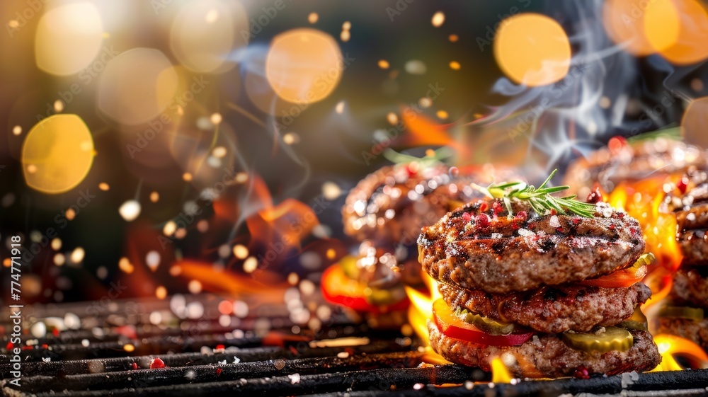 Burgers cooking on grill with flames - Juicy gourmet burgers grilled to perfection, garnished with fresh ingredients against a backdrop of bright flames - obrazy, fototapety, plakaty 