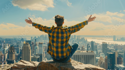 A man is seated on a rock, arms spread wide open, taking in city view below