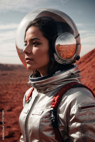 A woman in a silver spacesuit stands in a desert © liliyabatyrova