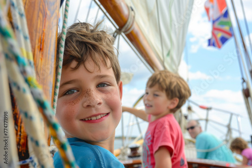 Three children on board a sailing yacht. Little boys and girls of sailboat. 