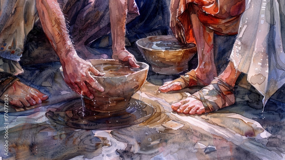 Close-up of hands washing during biblical scene - This close-up showcases the intimate act of foot washing with a focus on hands and water bowl details