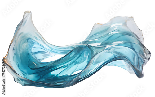 A glass sculpture resembling a majestic wave  gracefully frozen in motion on a white backdrop