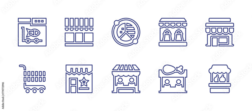 Market line icon set. Editable stroke. Vector illustration. Containing food stall, stand, shopping cart, market, chicken.