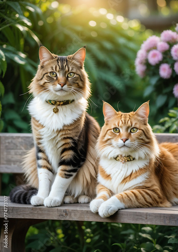 Portrait of two cats with a beautiful collar on a blurred background of a flower garden