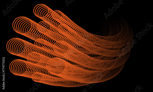 Repeated circles on the reduction are arranged along like a tube. The path of the orange rings into the black background. Bright ring isolated vector illustration. Repeated rings form a line
