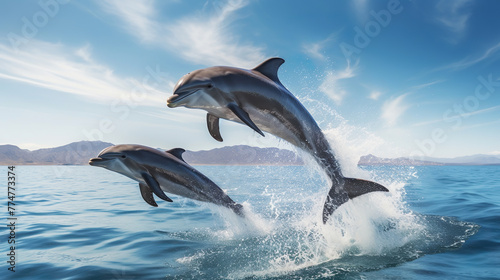 Beautiful bottlenose dolphins jumping out of sea © juraj