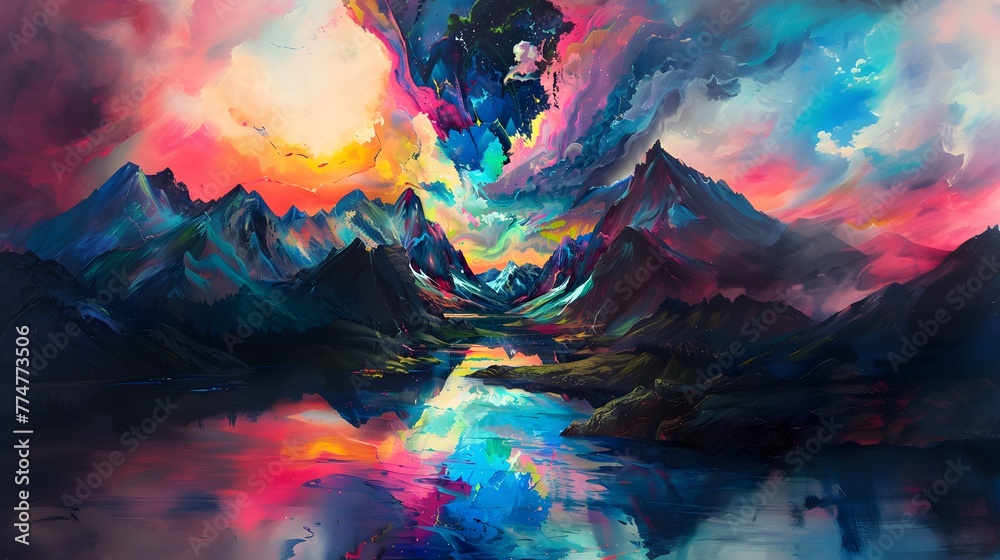 Abstract watercolor Mountain background Painting. Features a captivating abstract painting of mountain peaks with a rich tapestry of colors ranging from deep blues and purples to fiery reds and orange - obrazy, fototapety, plakaty 