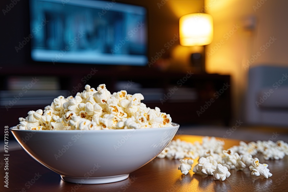 Popcorn bowl on the table in the living room with TV in background. Movie night. Generative Ai Popcorn bowl on the table in the living room with TV in background. Movie night. Generative Ai