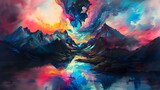 Abstract watercolor Mountain background Painting. Features a captivating abstract painting of mountain peaks with a rich tapestry of colors ranging from deep blues and purples to fiery reds and orange