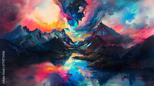 Abstract watercolor Mountain background Painting. Features a captivating abstract painting of mountain peaks with a rich tapestry of colors ranging from deep blues and purples to fiery reds and orange photo