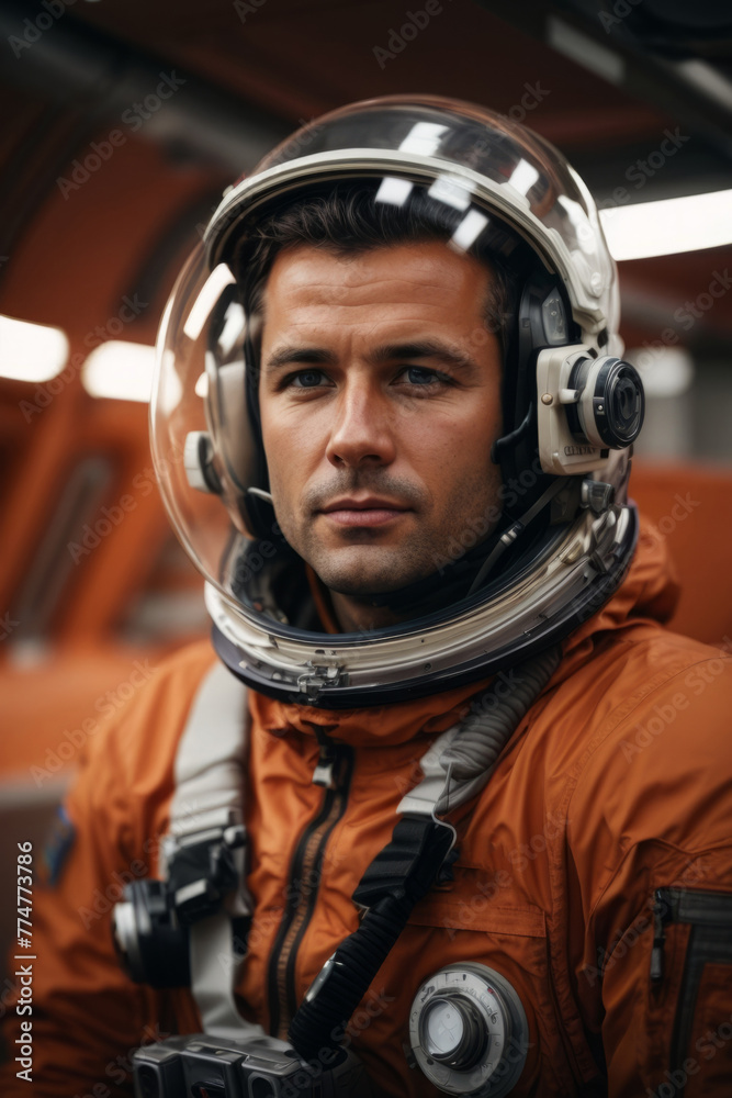 A man in an orange space suit is looking at the camera A man in an orange space suit is looking at the camera