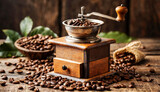 Close-up of an old manual coffee grinder made of metal and wood with roasted coffee beans on a wooden table. Horizontal composition. Generative Ai.