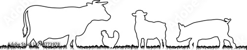 A farm animals scene with silhouettes of cows chicken, sheep and pig in a grass field scene landscape