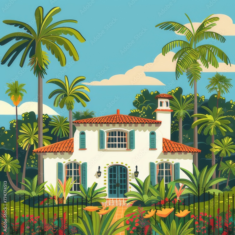 Illustration of a San Diego style house with large windows and shutters. Set among palm trees green trees and lively flowers