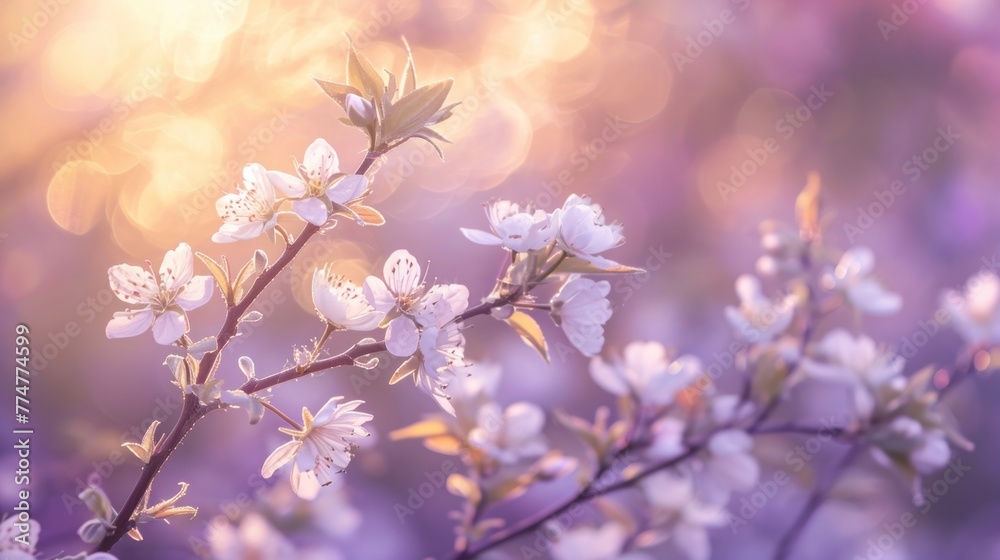 close-up blossoming apple tree branch in lilac tones, dim lamp soft lighting, blurred background, poster, banner