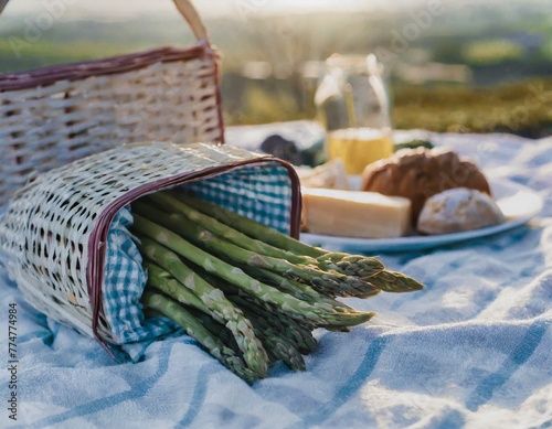 A picnic basket lid slightly ajar, revealing a bunch of raw asparagus among other picnic treats, set on a blanket in a sunny park