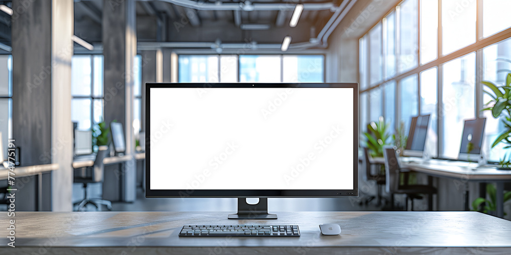 Modern office workspace with blank computer screen, Blank computer screen mockup with clean office backdrop - obrazy, fototapety, plakaty 