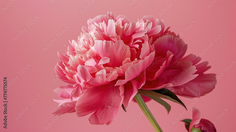A close-up of a peony, with its pink petals and green stem, against a pink background.