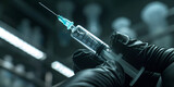 The doctor uses a hypodermic needle and injects the drug as a treatment | Coronavirus vaccine dose ready for immunization. | Doctor with gloved hands holding a hypodermic needle and vaccination dose