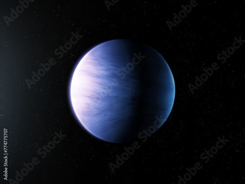 Habitable Earth-like planet with clouds and liquid water. Realistic exoplanet with atmosphere in space. Extrasolar exoplanets in blue tones. © Nazarii