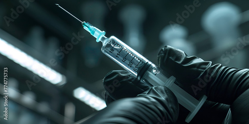 The doctor uses a hypodermic needle and injects the drug as a treatment | Coronavirus vaccine dose ready for immunization. | Doctor with gloved hands holding a hypodermic needle and vaccination dose photo