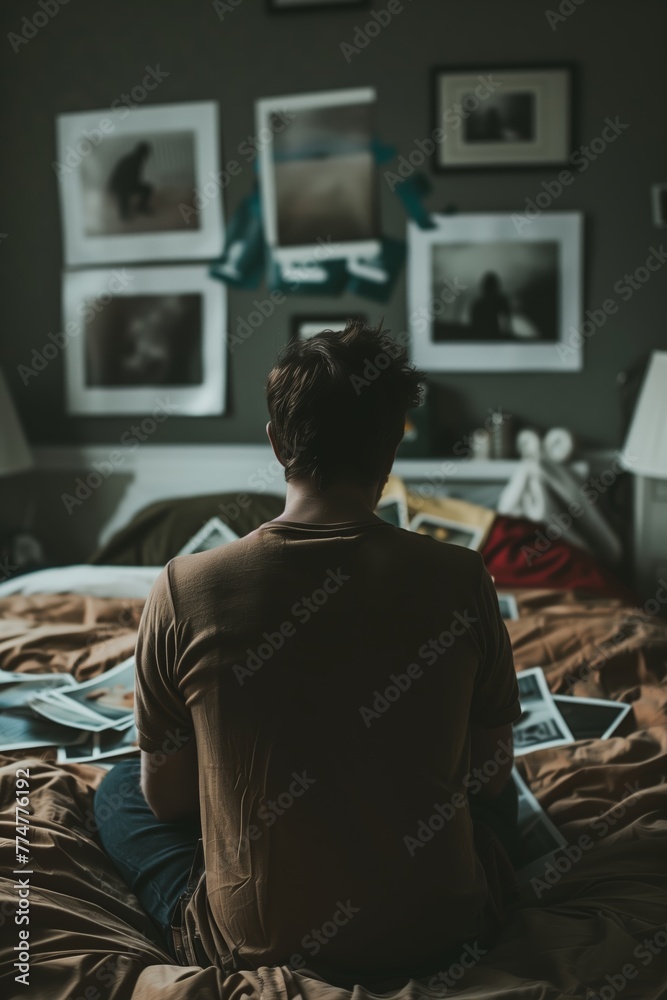 Contemplative Man Before Wall of Framed Photos