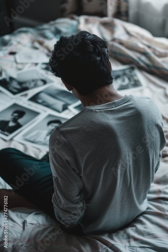 Pensive Man with Black and White Photos on Bed photo